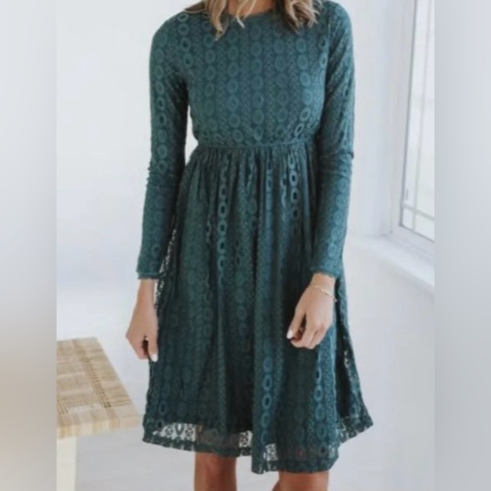 Women's Teal Lace Midi Dress - Elegant Long Sleeve